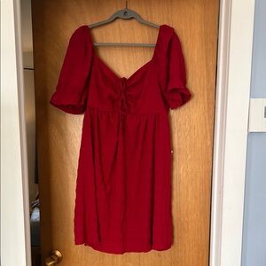 Red Puff-Sleeve Tie-Front Women’s Dress
